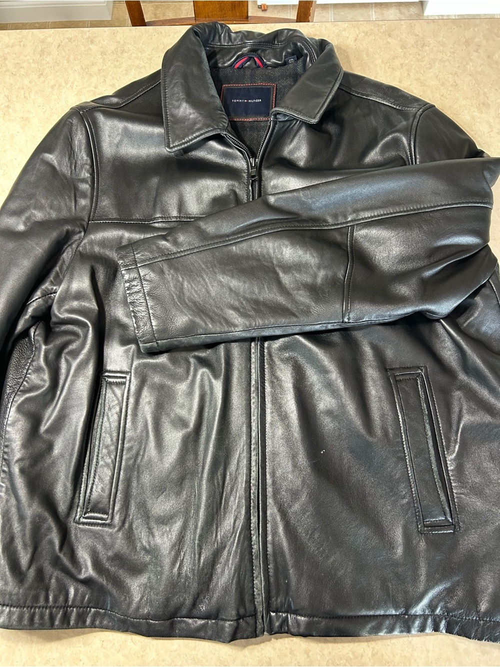 VINTAGE Tommy Hilfiger Men's Black Leather Bomber Jacket Zip Front Pockets XXL